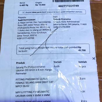 Product Review of Fitting Pneumatic lurus selang ukuran 6mm x 6mm MPU 6 from Tokopedia customer review 0