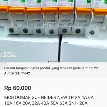 Product Review of MCB DOMAE SCHNEIDER NEW 1P 2A 4A 6A 10A 16A 20A 32A 40A 50A 63A SNI from Tokopedia customer review 0