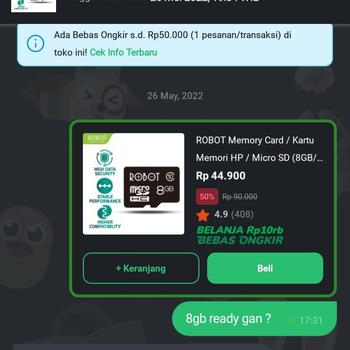 Product Review of ROBOT Memory Card / Kartu Memori HP / Micro SD (8GB/16GB) Class 10 from Tokopedia customer review 0