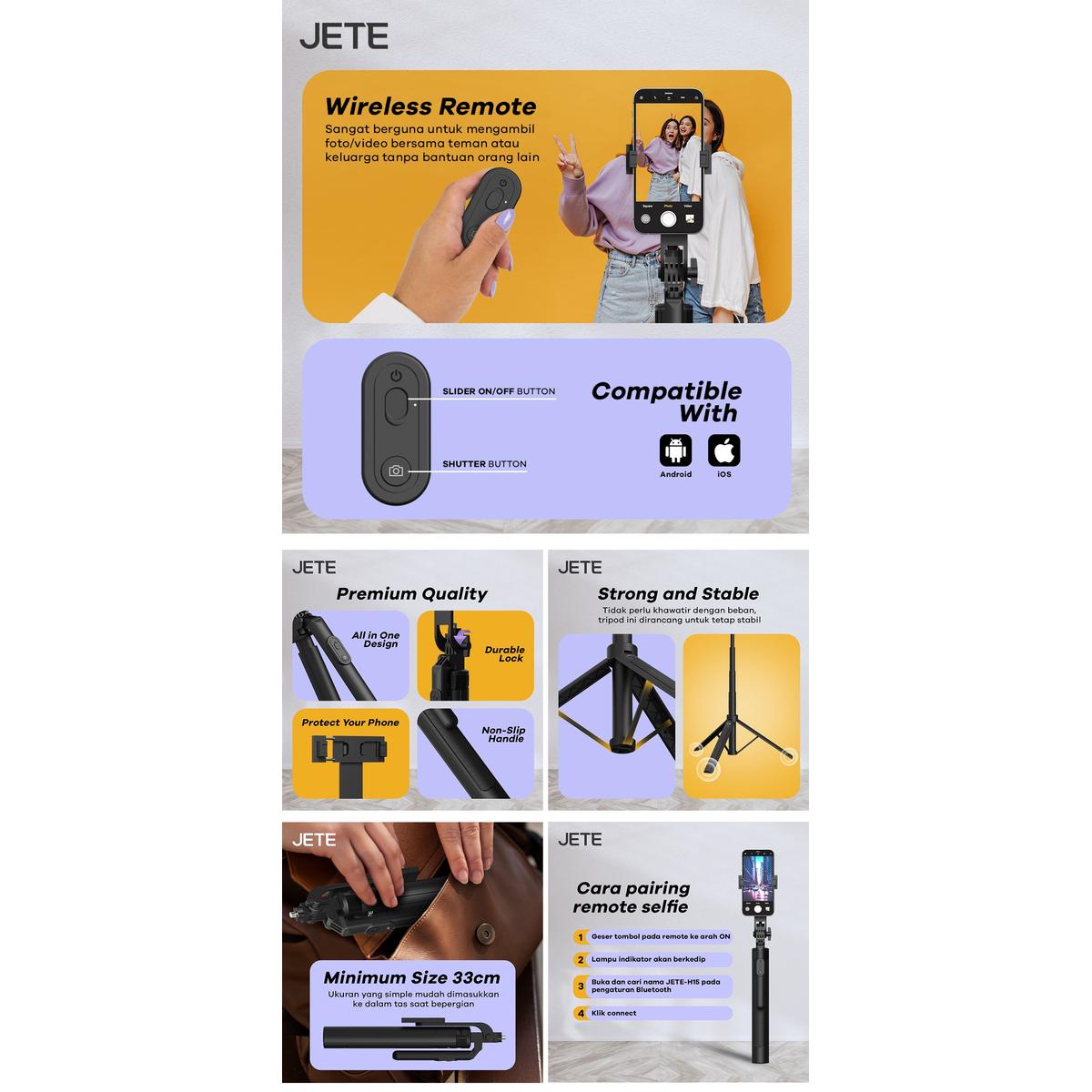 Product Introduction of Tripod JETE H15 Tongsis Bluetooth Selfie Stick HP with Remote - Garansi Resmi 2 Tahun 1