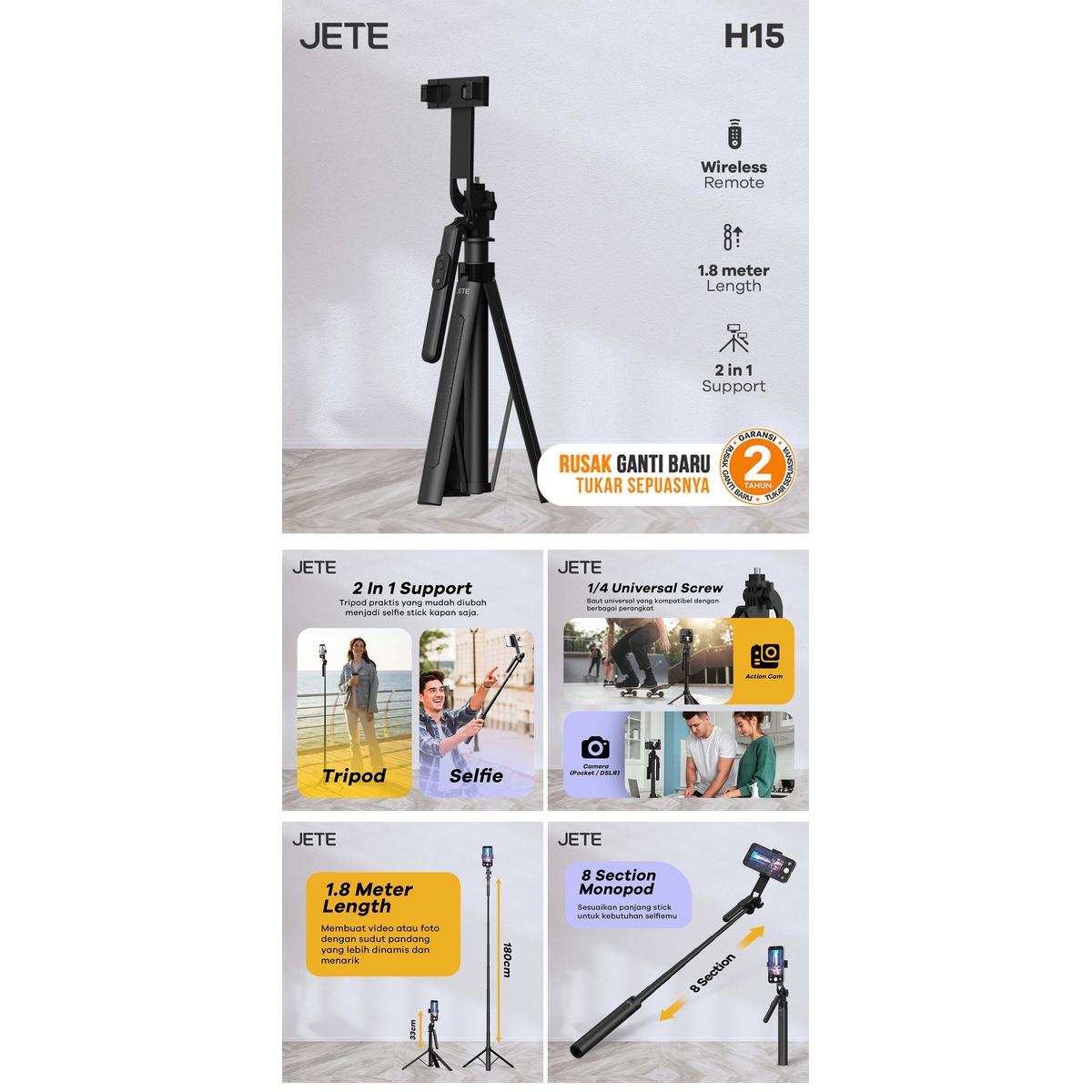 Product Introduction of Tripod JETE H15 Tongsis Bluetooth Selfie Stick HP with Remote - Garansi Resmi 2 Tahun 0