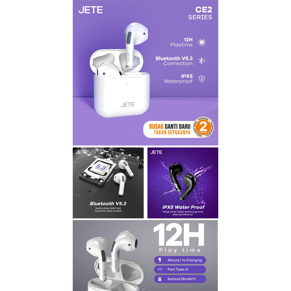 Product Introduction of JETE CE2 TWS Earbuds Headset Bluetooth V5.3 IPX5 - Garansi 2 Tahun 0