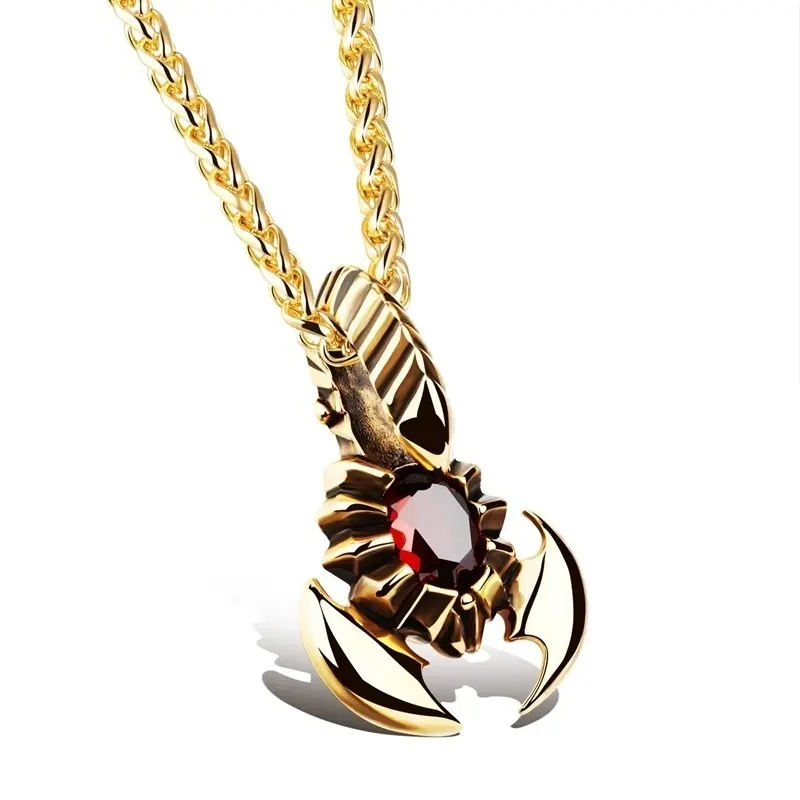 Vintage Mens Fashion Inlaid Ruby Gold/Silver Scorpion Pendant Necklace