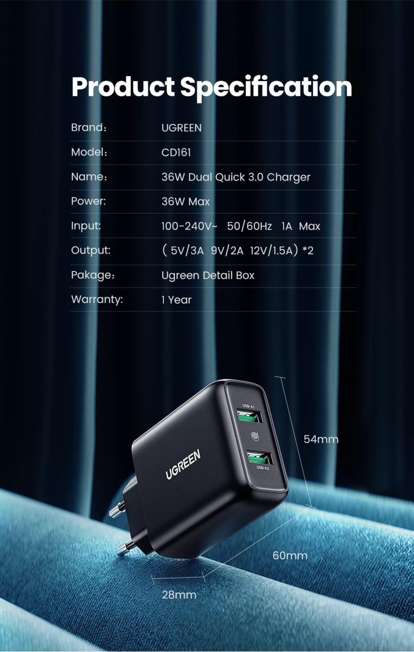 UGREEN Wall Charger 36W 2A - Black CD161 10216