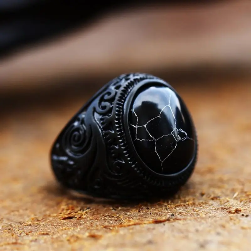 Cincin Pria Batu Pirus Hitam Kura Ring Retro Hitam All Black Kantoran