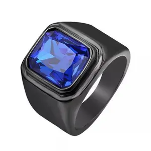 Cincin Pria Octagon Royal Blue Saphire Ring Black Gun Titanium