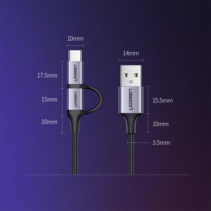 UGREEN Kabel Charger Micro USB + USB C - USB A 3A Braided 1m - Black US177 30875