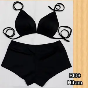 BI03 bikini Ikat Boxer hitam, BRA ada spon bisa dilepas-pasang, baju renang setelan