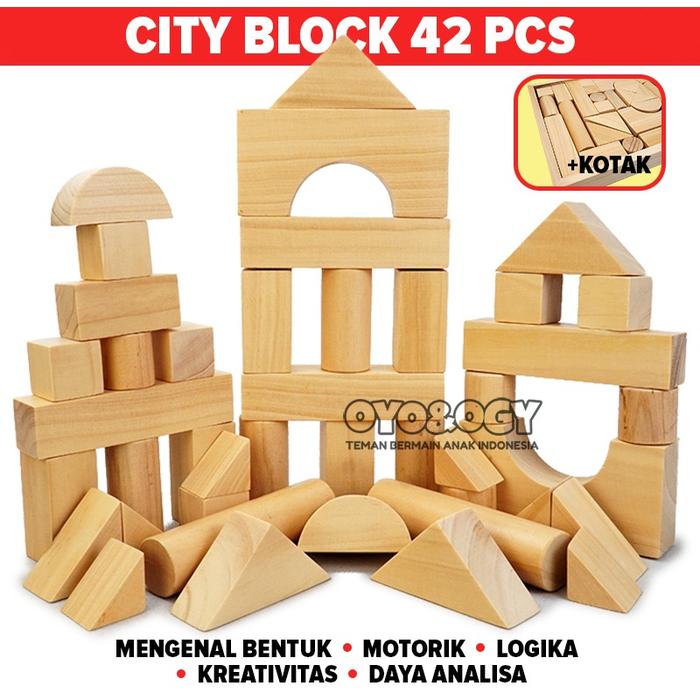 Gambar Mainan Anak Edukasi Kayu Balok Bangun City Block Blocks 42 Pcs Natural dari OyoOgy Kota Administrasi Jakarta Barat Tokopedia