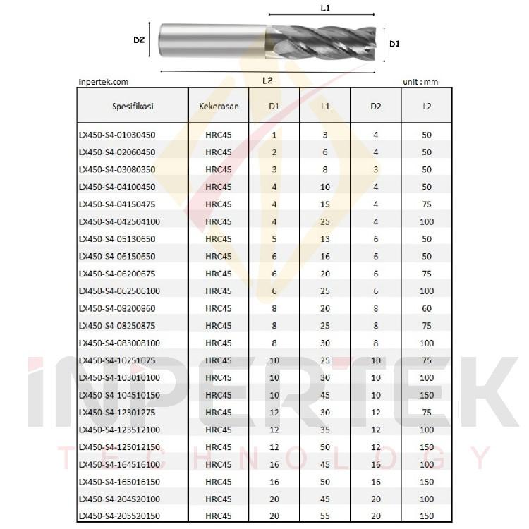 Endmill 12 4F Lexees Endmill Carbide 12 HRC45 Pisau Cutter Milling 12 X 75L