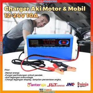 Premium Charger Aki Mobil Motor Lead Acid 12-24V 10A with LCD -Biru