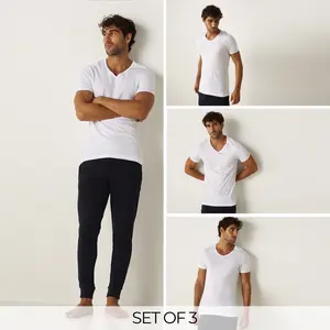 White Set Of 3 - Plain Vest With V-Neck & Short Sleeves, White