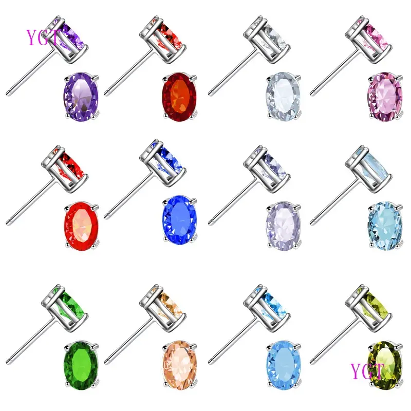 Anting Tusuk Rose Gold Hias Batu Sapphire Ruby Bulat Warna Biru
