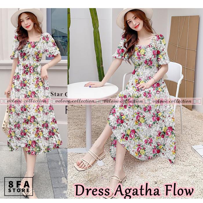 Midi Dress Wanita Lengan Pendek Motif Bunga Gaun Pesta Gaya Korea - 6669  Biru di 8fa Store | Tokopedia