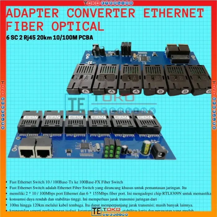 20KM Media Converter Single Mode 6 SC fiber Port dan 2RJ45 10/100M