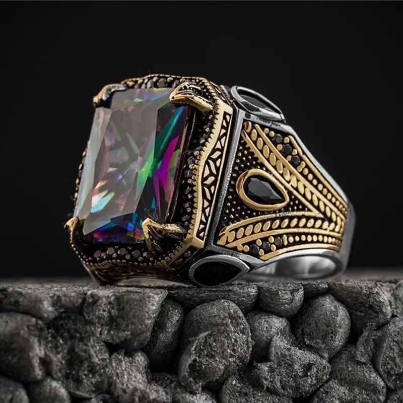 Cincin Pria Mewah Turki Style Batu Permata Mystic Quartz Rainbow