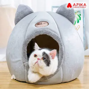Kandang Kucing Hangat Beludru Bulat Gray Tempat Tidur Hewan Peliharaan