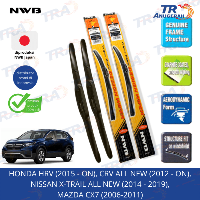 Gambar Wiper Depan DESIGN Hybrid NWB JAPAN HRV, CRV, Xtrail all new, CX7 dari TIMUR RAYA ANUGERAH DAMAI Kota Administrasi Jakarta Utara Tokopedia