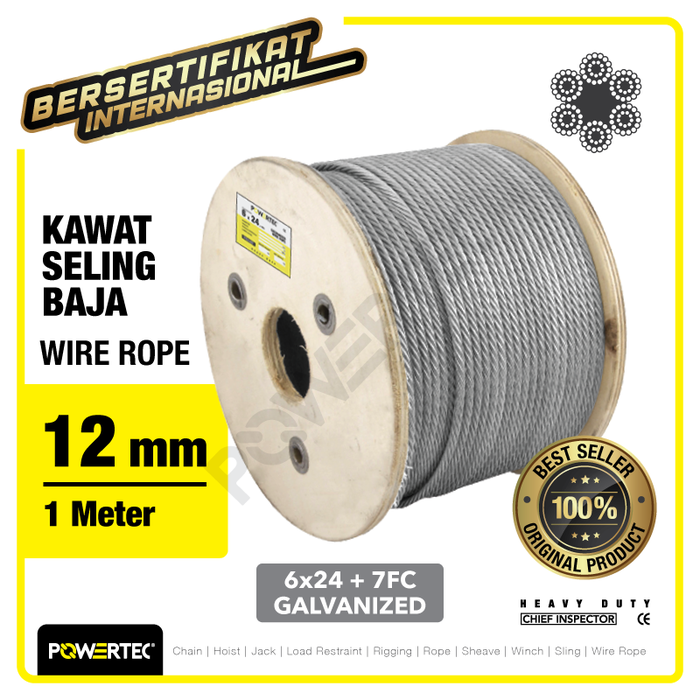 Gambar Wire Rope / Kawat Seling Baja 6x24 7FC 12mm Galv POWERTEC - 1 Meter dari powertec id Kota Administrasi Jakarta Pusat Tokopedia