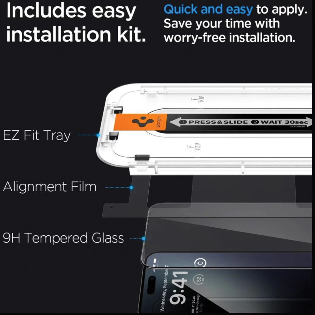 Spigen iPhone 15 Pro Max Tempered Glass Full Cover with Tray 2 Pack GlastR EZ Fit - Black AGL06873