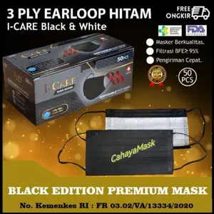 Masker 3ply hitam 50pcs/Box Masker Hitam Earloop