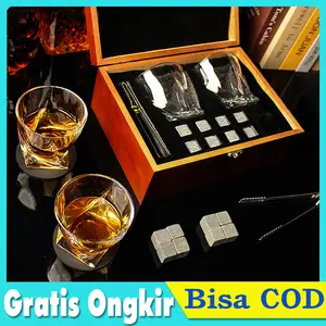 Whiskey Glass Set Wooden Box Gelas Kaca Whiskey Stone Ice Cube