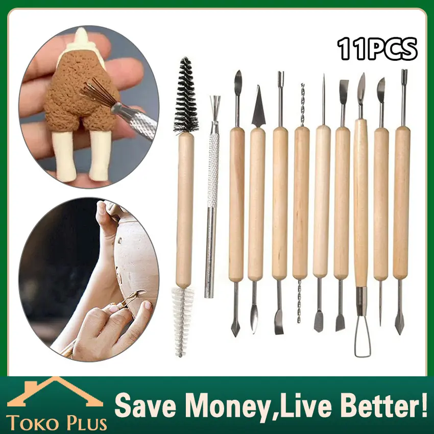 11 buah Alat Ukir Gagang Kayu – Clay Sculpting and Pottery Tools