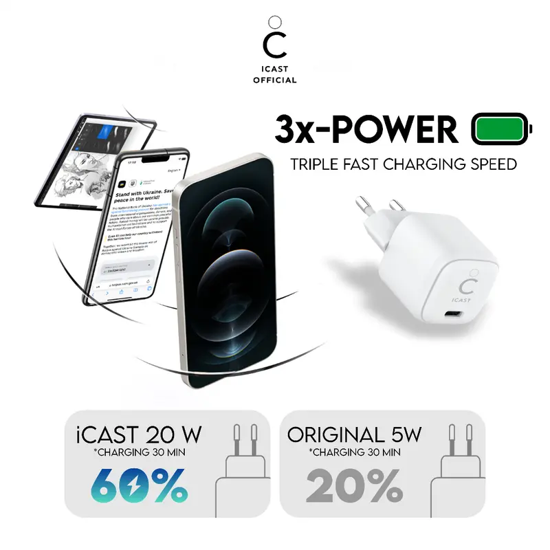 Charger iPhone 20W MFi Fast Charging iCast Mini Adaptor 20W Lightning 3