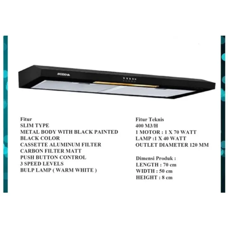 Cookerhood MODENA Slim Hood PX 7111 / Px 0711 LED / Full hitam/  70 cm LED