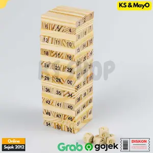 Permainan Anak Waktu Luang Uno Stako Kayu 54 Balok dengan 4 Dadu