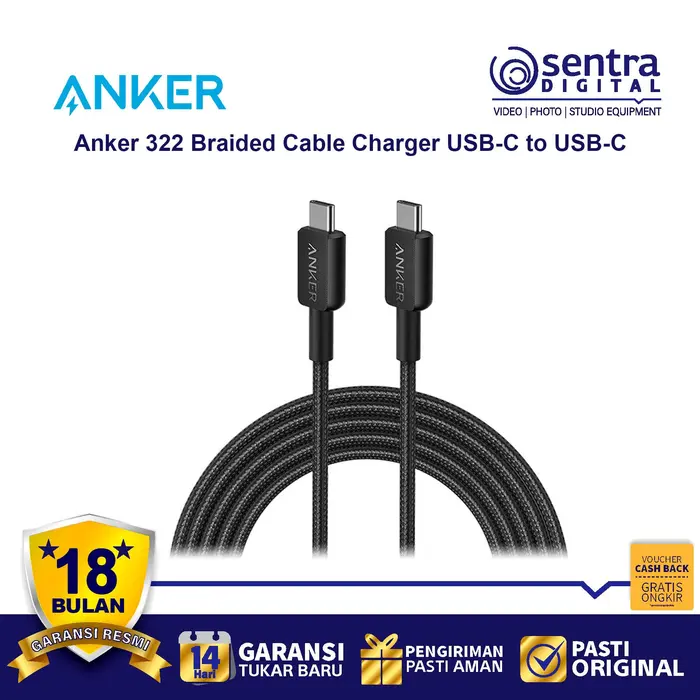 Gambar Kabel Charger Anker 322 USB C to USB Type C Cable 6ft Braided - A81F6 dari Sentra Digital Kota Surabaya 5 Tokopedia