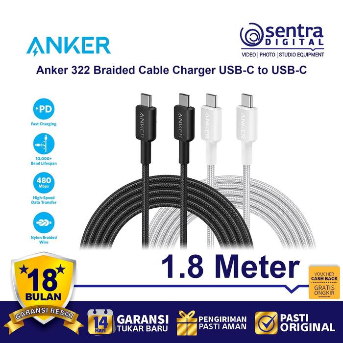 Gambar Kabel Charger Anker 322 USB C to USB Type C Cable 6ft Braided - A81F6 dari Sentra Digital Kota Surabaya Tokopedia