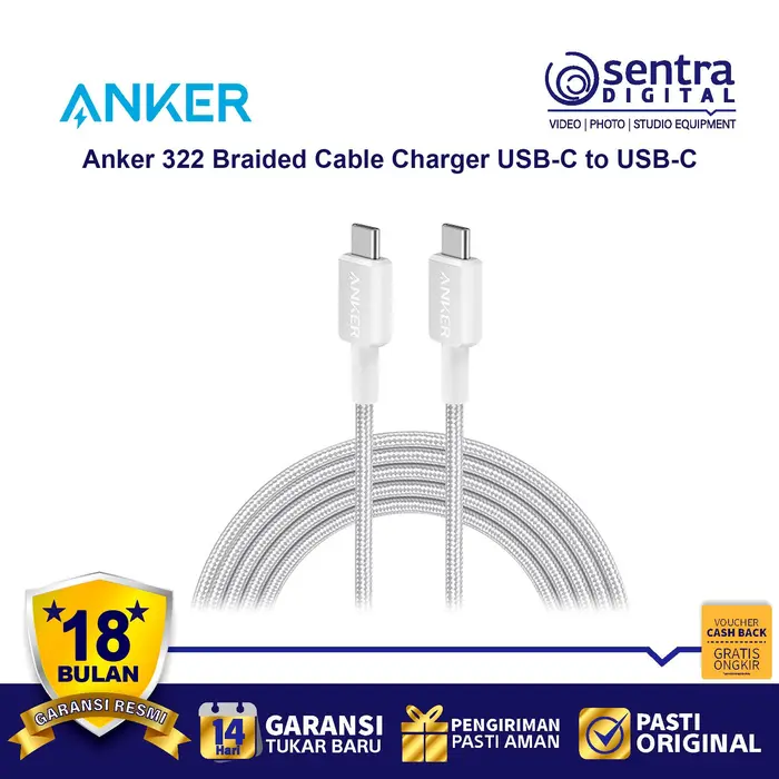 Gambar Kabel Charger Anker 322 USB C to USB Type C Cable 6ft Braided - A81F6 dari Sentra Digital Kota Surabaya 4 Tokopedia