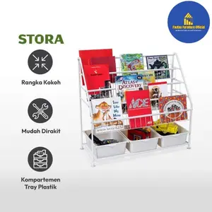 Rak Buku Anak Besi Jaring Dengan 3 Nampan Serbaguna - Putih