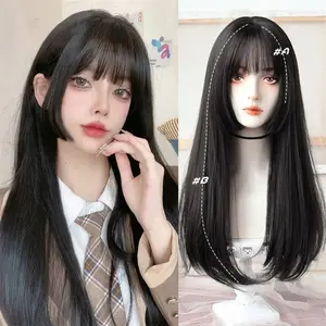 Princess Cut Bangs Natural Look Synthetic Long Wig With Bangs 24 Inch