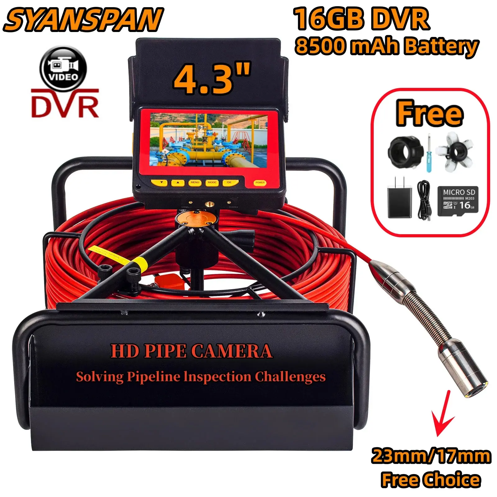 DVR 16GB Card 8500mAh Battery Capacity HD Pipeline Camera  SYANSPAN