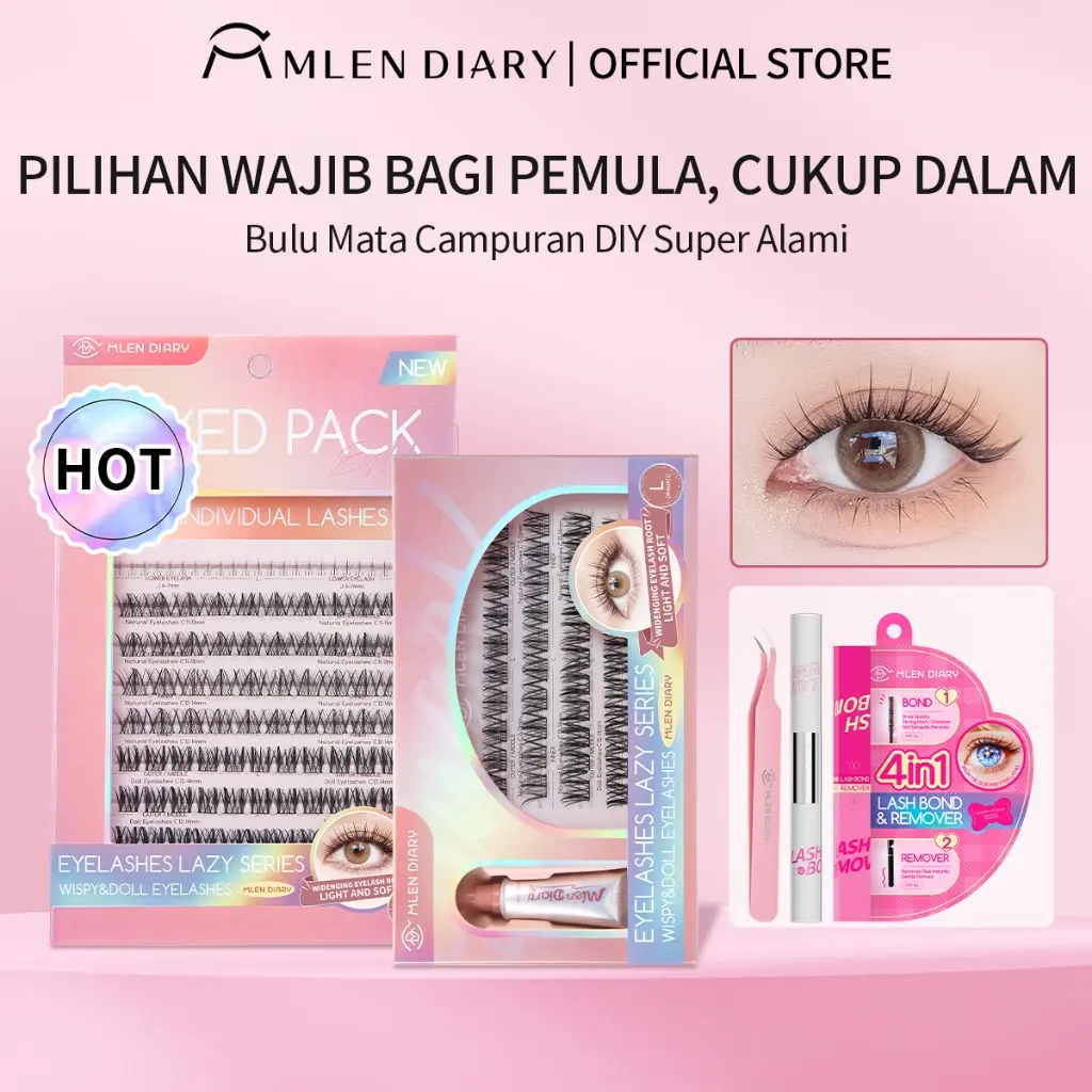 MLEN DIARY Bulu Mata Individual Segmented Wispy Cluster Terlaris-D Curl dengan panjang 11-15mm--bulu Mata Eyelash Extension Bulu Mata Palsu + Lem