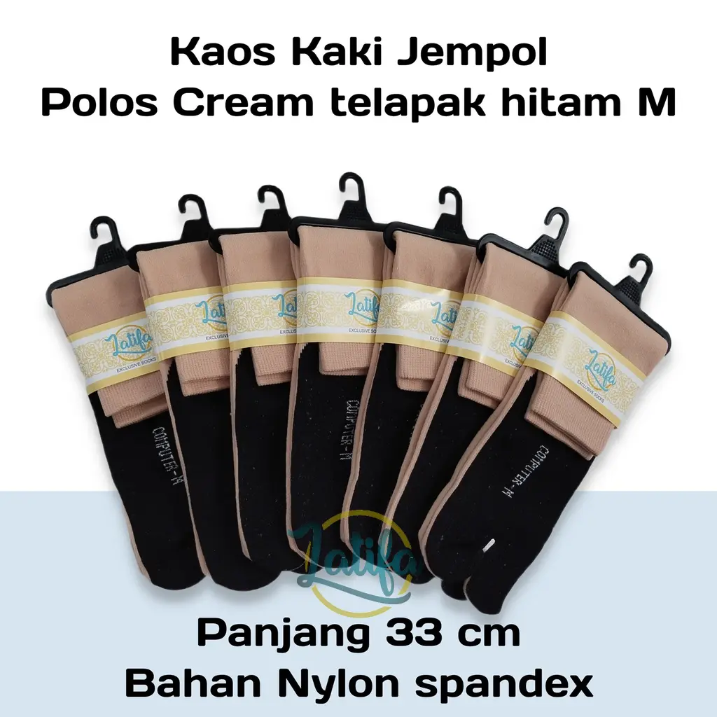 12 PASANG Kaos Kaki Jempol Polos Cream Telapak Hitam M Setengah Betis