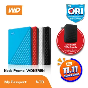 WD HDD External My Passport Slim 4TB Garansi Resmi 1 Tahun Auto Backup USB 3.0/2.0 Kompatibel dengan Mac dan Windows Kode Promo WDKEREN