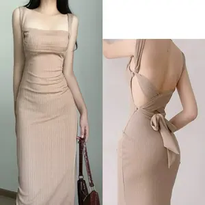 7861 vintage dress Pas Body party beige wanita backless tanpa lengan Serut Pas Body pantai backless dress sexy