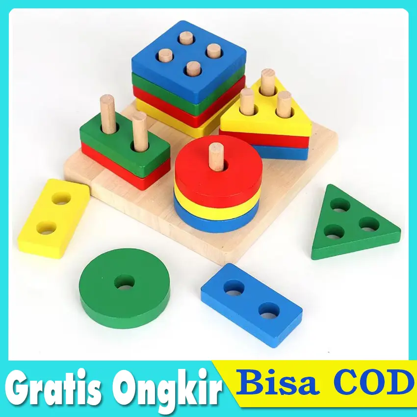 Mainan Puzzle Kayu Anak Geometric Board Mainan Balita Wooden Toys Montessori 3D Puzzle Stacking Pastel Geometry Toy Shapes Geometri