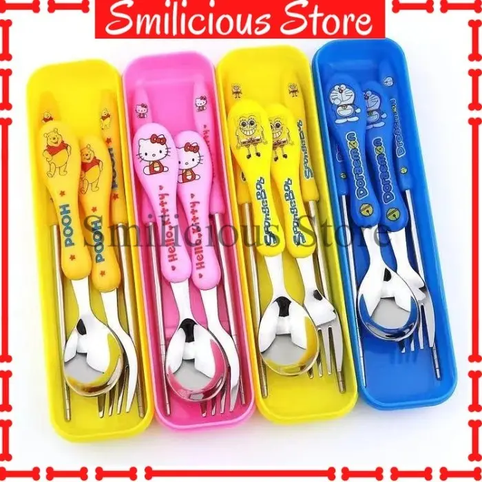 Sendok Makan Anak Set Stainless Steel Kartun Alat Makan Sumpit Garpu