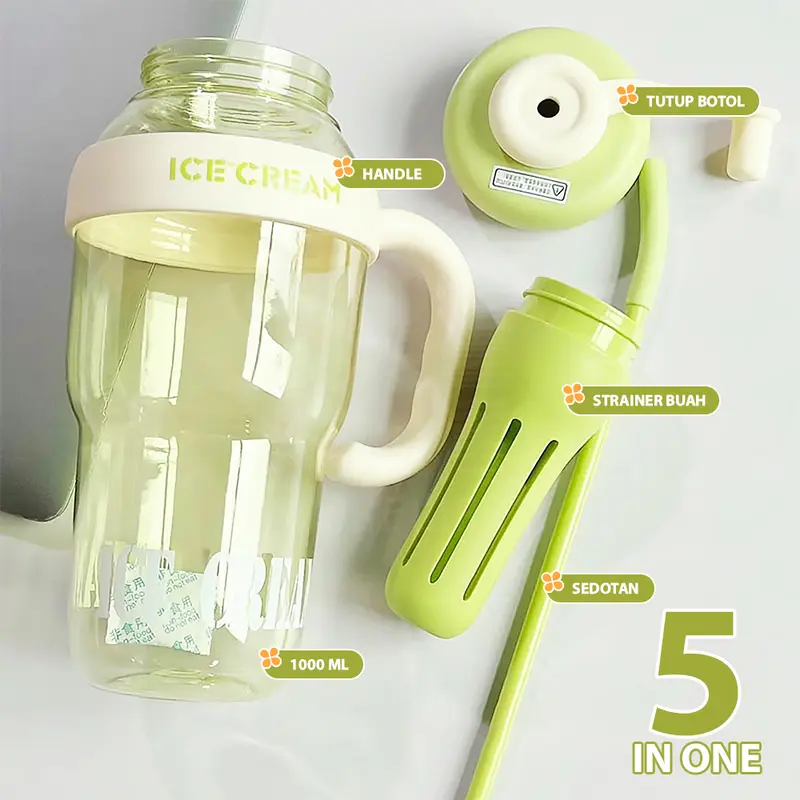HUGO Botol Minum Bening 1 Liter Botol Air Anak Tumbler Premium BPA FREE dengan Sedotan 4