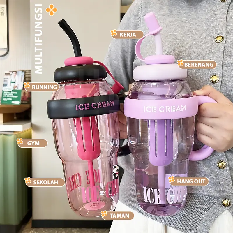 HUGO Botol Minum Bening 1 Liter Botol Air Anak Tumbler Premium BPA FREE dengan Sedotan 6