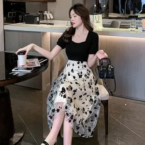 976 hitam Elegant korean dress prom cantik evening Lengan Pendek pantai wanita midi dress princess