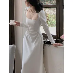 1312 dress long korean style vintage princess white Wanita cantik lengan panjang midi big size dress formal