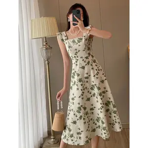958 beige dress hijau floral party korean style midi dress terbaru 2024 pantai big size tanpa lengan dress cantik
