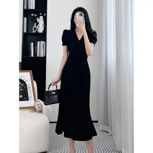 7892 dress hitam panjang midi formal Lengan Pendek wanita kekinian casual Elegant dress korean style Bodycon