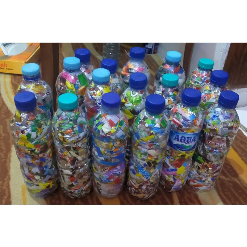 ECOBRICK BOTOL AQUA 600ML BERAT 200gr bersih siap pakai pengganti batu bata ramah lingkungan kerajinan tangan kemasan plastik sachet potongan 1