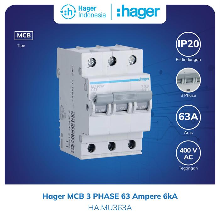 Gambar Hager MCB 3P 63A 3 Phase 63 Ampere 3 Pole 6kA MU363A dari Hager Indonesia Kota Administrasi Jakarta Barat Tokopedia